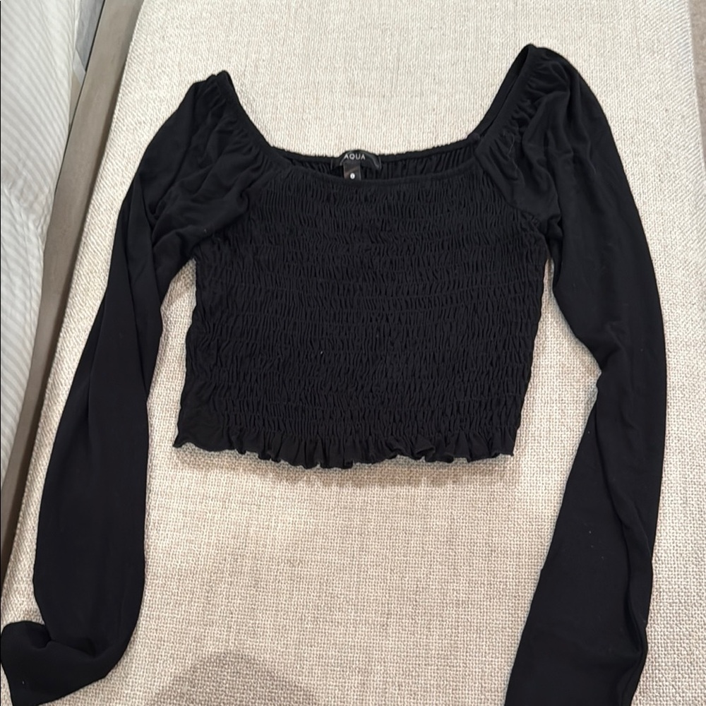 Aqua Black Smocked Long Sleeve Top Size S excellent condition